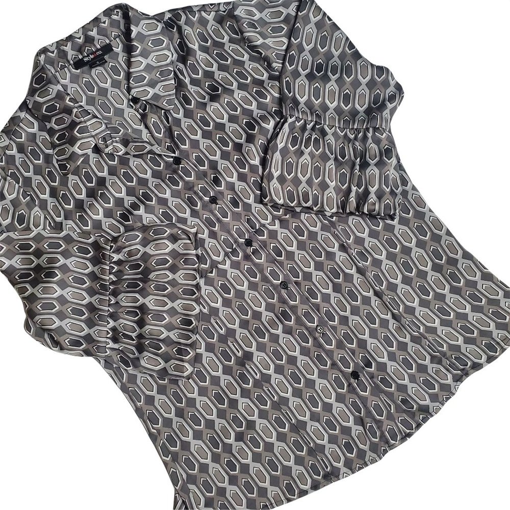 Style & Co. Gray Geometric Collared Button Down Bell Sleeve Blouse Plus Size 16